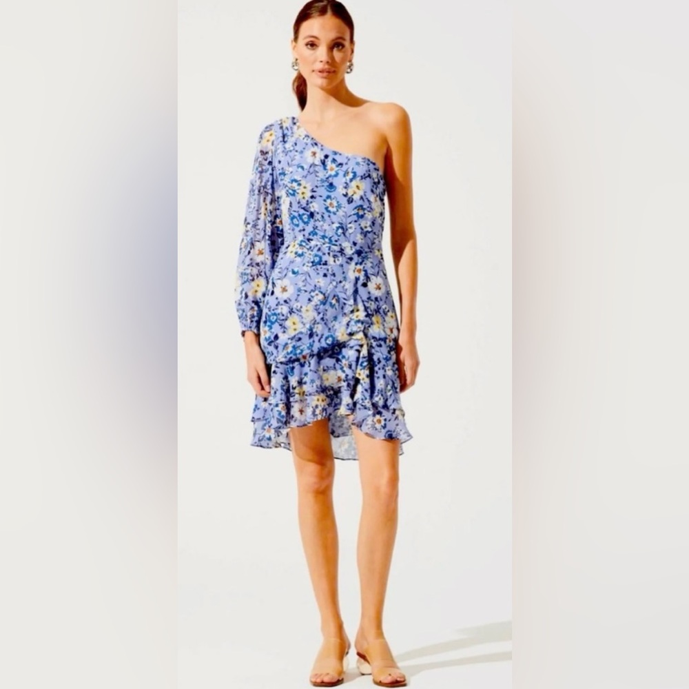 ASTR the Label Blue Multi Floral One Shoulder Ruffled Mini Dress ZB12